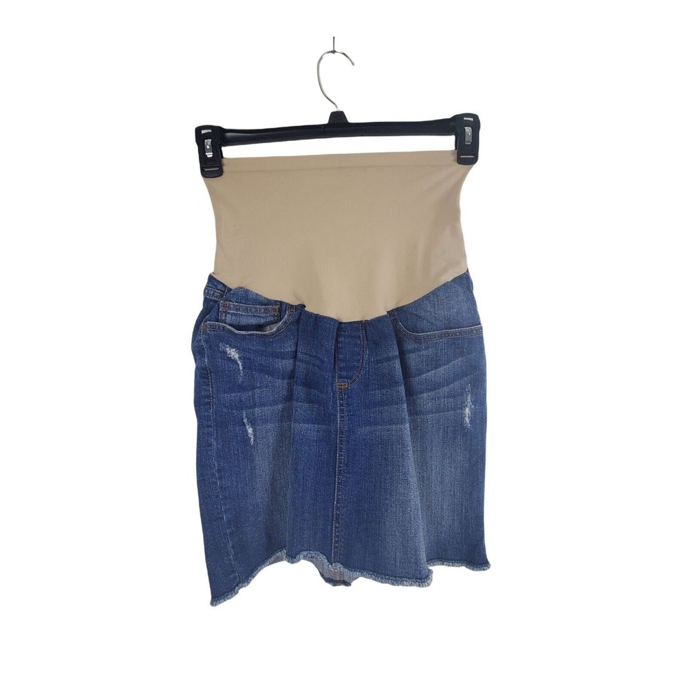 Indigo Blue Maternity Skirt Small Blue Mini High Full Panel Raw Hem Denim Comfor